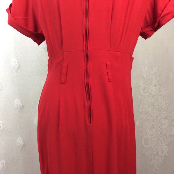 Vintage Red Mock Paper-bag Midi Sheath Dress 12 - Picture 10 of 13